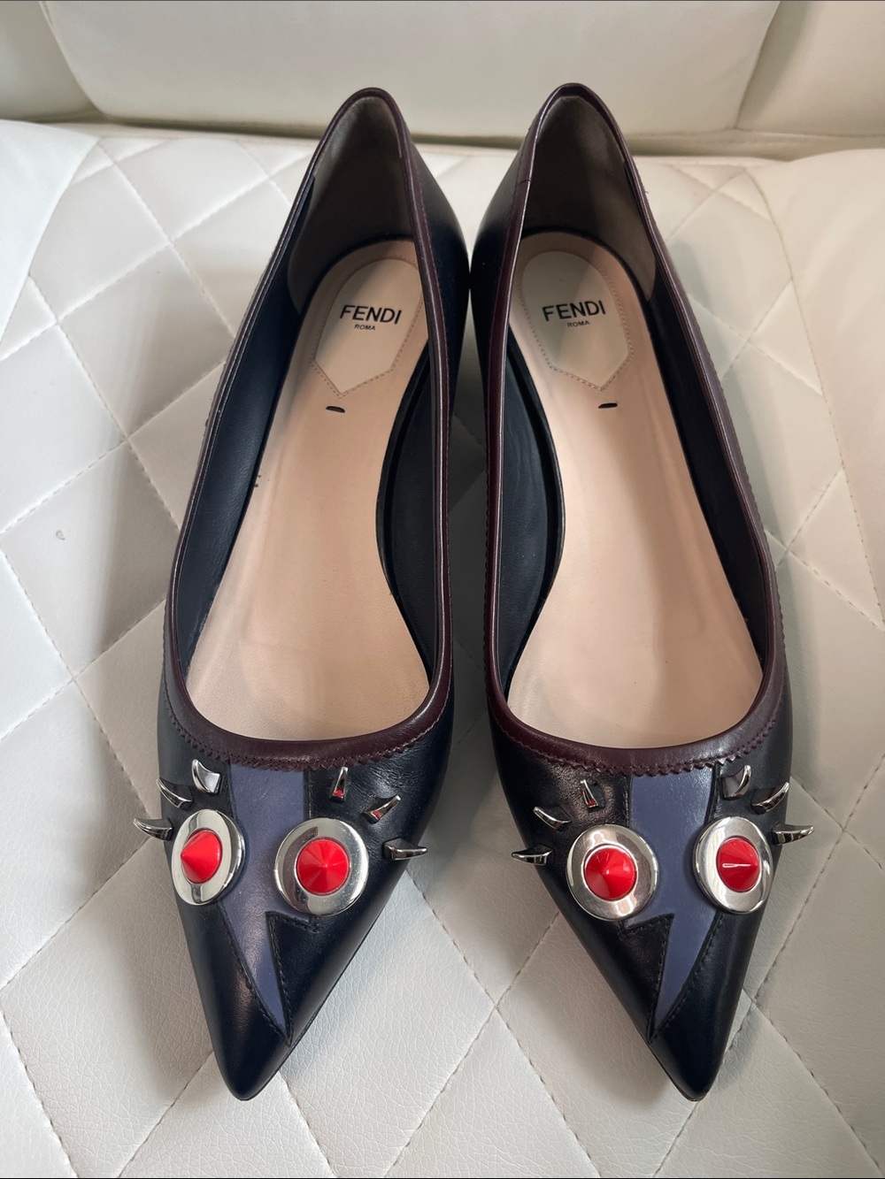 Fendi Monsters Motif- Black Pointed Leather Flats